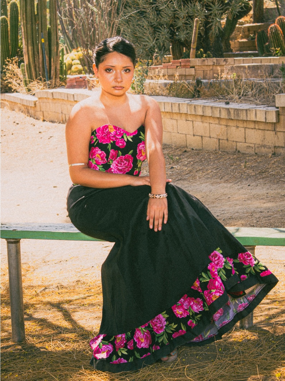 Black Maxi Skirt with Pink Floral Accents — Strapless Bodice